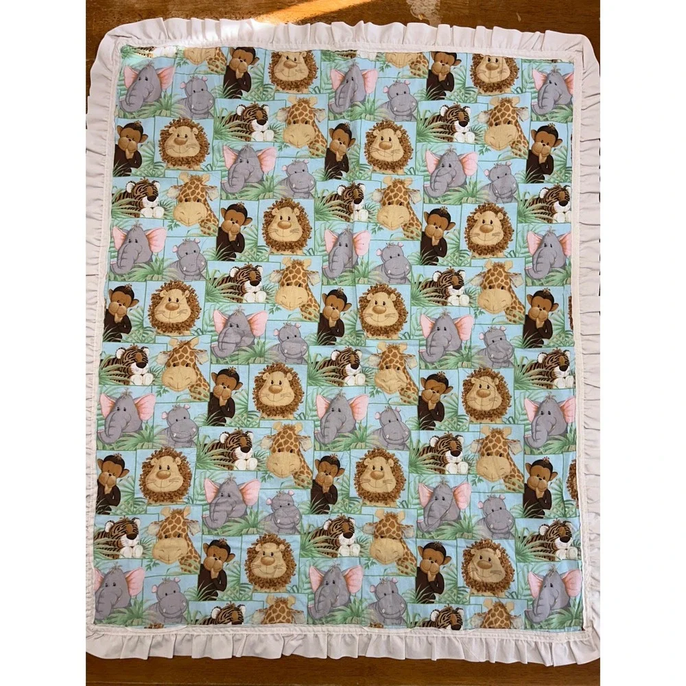 Safari Jungle Luvable Friends Baby OS Blue Tan Animal Print Ruffle Quilt Blanket